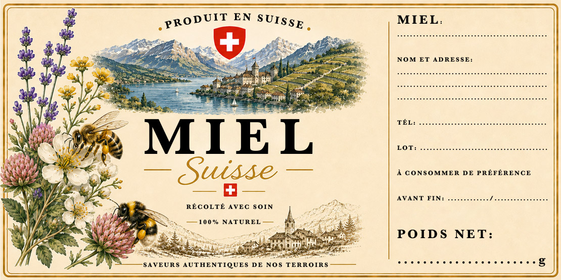 Étiquettes autocollantes pour pots de miel – Paysage suisse – Français – 94 × 47 mm – Rouleau de 500 pièces