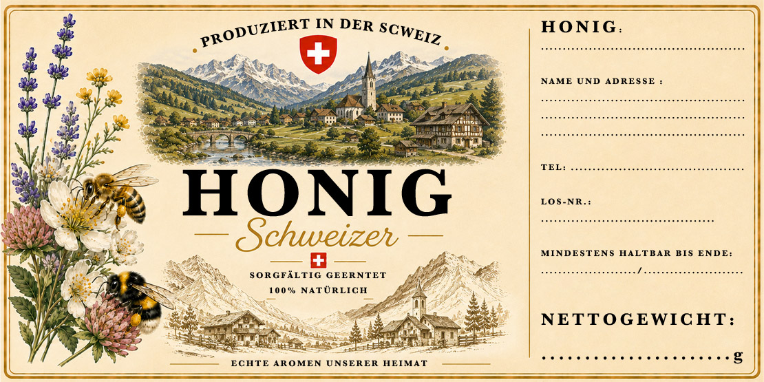 Étiquettes autocollantes pour pots de miel – Paysage suisse – Allemand – 94 × 47 mm – Rouleau de 500 pièces