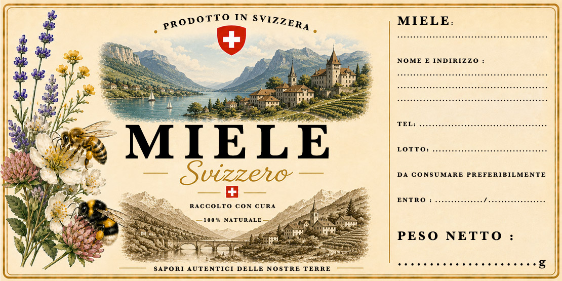 Étiquettes autocollantes pour pots de miel – Paysage suisse – Italien – 94 × 47 mm – Rouleau de 500 pièces