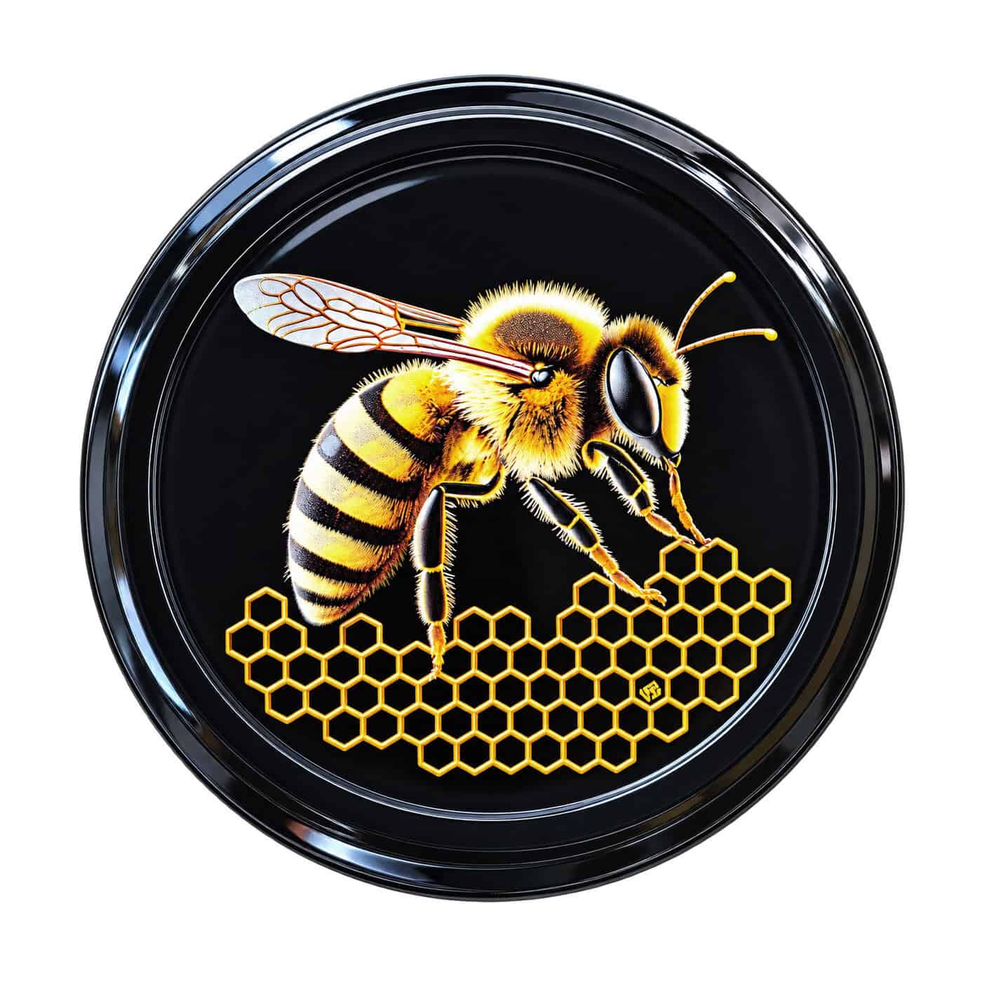 Couvercle NOIR pour pot de miel, motif Abeille et Alvéoles – Ø63, Ø70, Ø82 mm compatible Bio Suisse